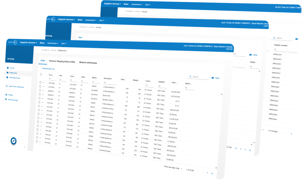 Screenshot of a software dashboard showing multiple overlapping windows with tables, navigation menus, and tabs related to invoicing and shipment orders.