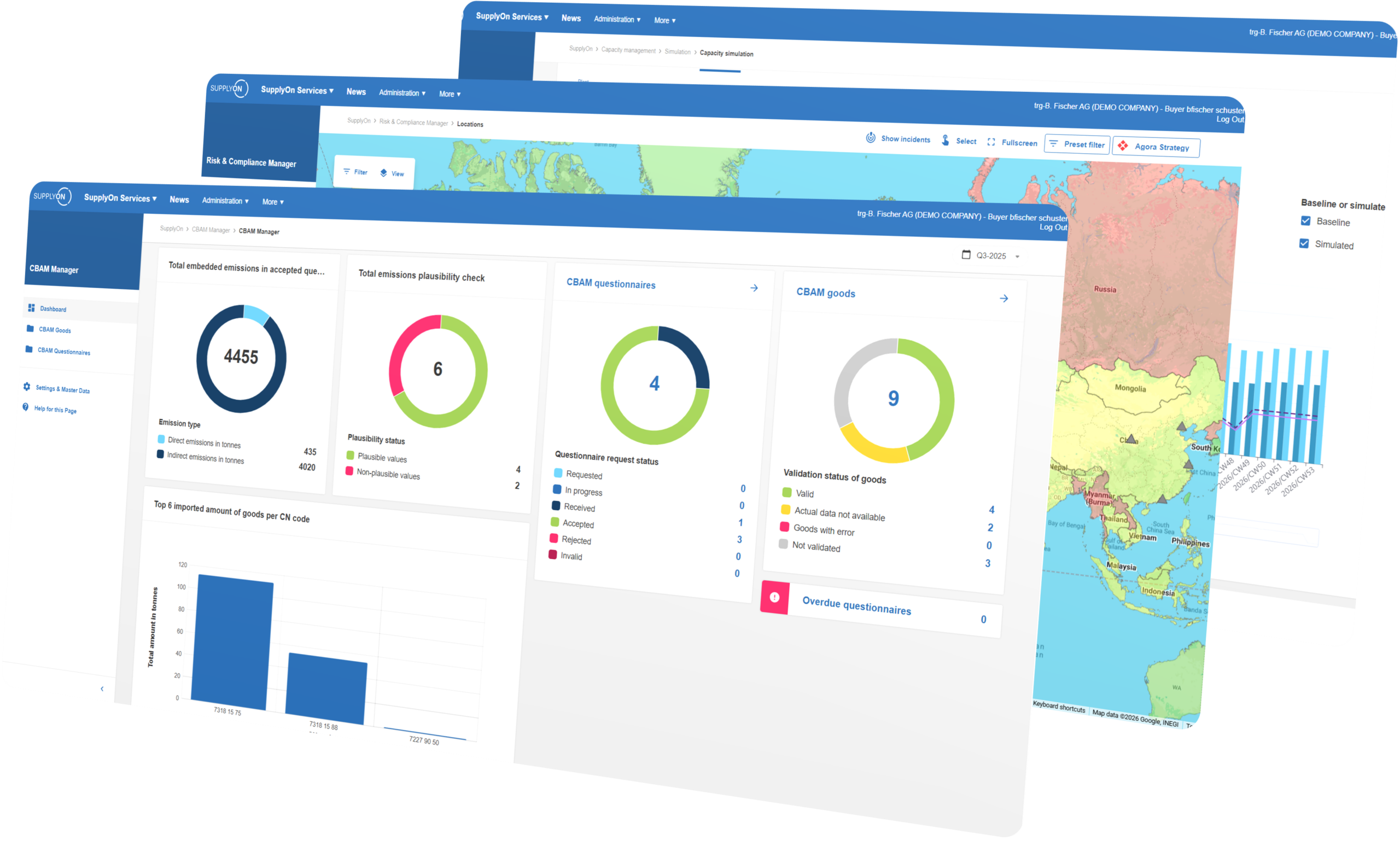 Screenshot of a web dashboard showing charts, graphs, and maps related to data analysis, including pie charts, bar graphs, statistics, and world maps.