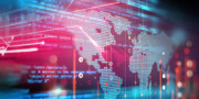 Digital illustration featuring a world map overlay with abstract lines, code snippets, and glowing effects, representing global technology and data networks.