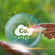 A hand points to a floating bubble with a CO2 symbol and downward arrows, suggesting carbon dioxide reduction, against a blurred green background.