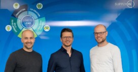 Three men stand in front of a blue wall with a circular diagram displaying terms like Innovation, Co-Creation, and Love to Lead, reflecting an actively practiced leadership culture beside the SupplyOn logo.