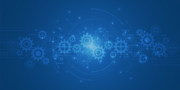 Blue abstract background with interconnected gears and circuit lines, representing technology, engineering, and digital processes.