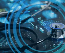 A stethoscope rests on a digital circuit board background, overlaid with translucent blue circular graphics.
