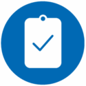 A white clipboard with a checkmark icon in the center, displayed on a blue circular background.