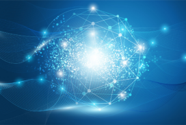 A digital illustration of a glowing network sphere with interconnected nodes and swirling blue light patterns on a blue background.