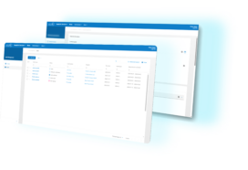 Two overlapping computer screen windows display a web-based application with blue and white interface elements, including side menus, folders, and file details.