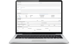 A laptop displays a software application window with multiple sections containing text fields, tables, and data entry forms on a white background.