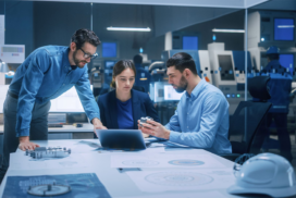 Three engineers in an office discuss a mechanical component, reviewing technical drawings and data on a laptop at a desk with blueprints and a hard hat.