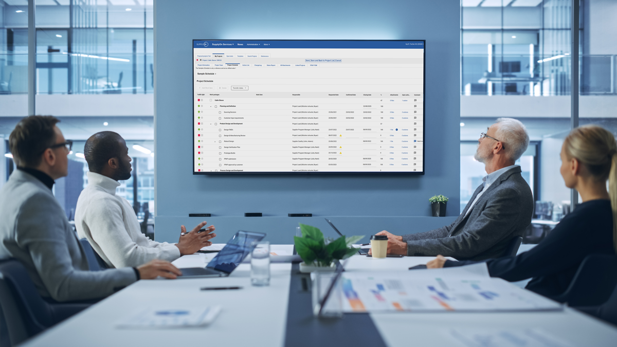 Four professionals in a meeting room view a large screen displaying a project management dashboard with task lists and statuses.