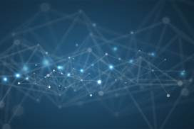 Abstract blue background featuring interconnected glowing points and lines, representing a digital network or data connections.